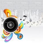 Abstract Music Background with Speaker, Colourful Swirls and Music Notes